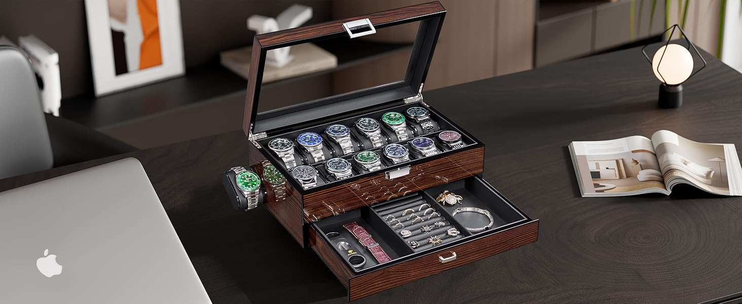High-End Watch Box, 12-Slot Watch Case with Large Glass Lid, 2-Layer Wooden Watch Box for Men
