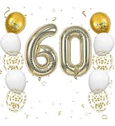 40 Inch Light Gold Number 60 Balloon, 60th Birthday Balloons, Confetti Balloon Gold Birthday Prin...