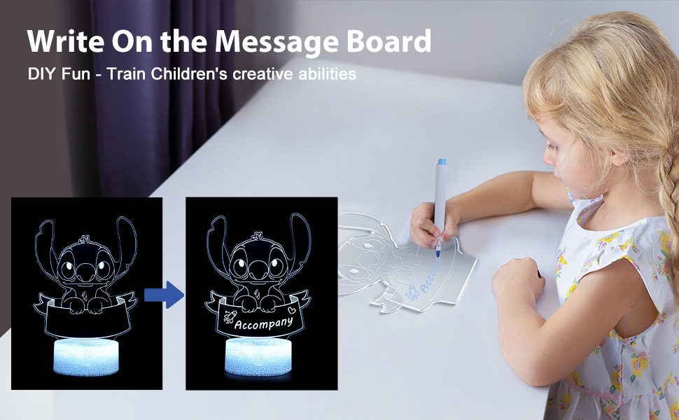 Illuminated drawing board for children with glowing cartoon character designs. Child demonstrating use of the write-on message board.