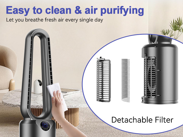 Text reads: 'Easy to clean & air purifying', 'Let you breathe fresh air every single day'. Multiple views of air purifier with detachable filter component shown in circular callout.