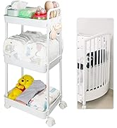 Volnamal Plastic Baby Diaper Cart, White, 14.18 x 9.26 x 31.13 in, 3-Tier Diaper Organizer with W...