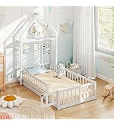 Giantex Twin House Floor Bed for Kids, Wood Montessori Bed Frame with Detachable House-Shaped Hea...