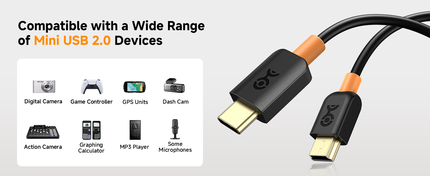 USB C to Mini USB 2.0 cable for syncing and charging legacy devices