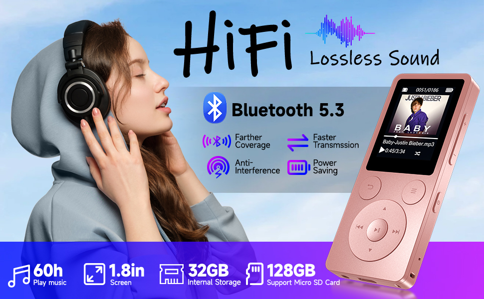Kids MP3 Player with Bluetooth 5.3 Built-in Speaker FM Radio Voice Recorder Lightweight Resume