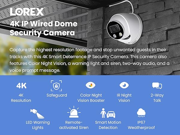 Lorex 4K IP Wired Dome Security Camera with Smart Deterrence and Smart Motion Detection