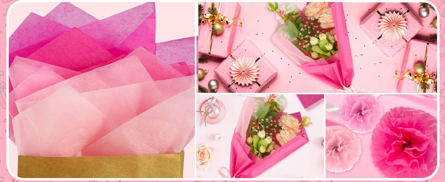 Collection of pink translucent tissue paper arrangements with floral decorations and gold accents, shown in various compositions.