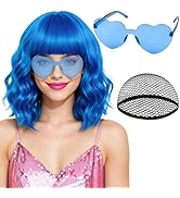 PLULON Blue Wavy Bob Wigs with Bangs Heart Sunglasses Hair Cap for Women, Colored Synthetic Hair ...