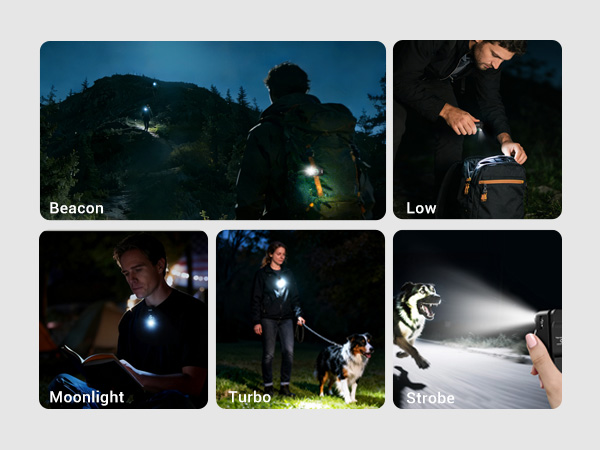 Turbo, Strobe, Low, Beacon, Moonlight—for emergencies, signaling, and night vision preservation.