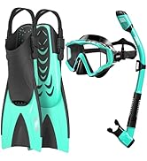 Aegend Snorkeling Gear for Adults Men Women: Anti-Fog Panoramic Mask Set, Adjustable Fins & Dry T...
