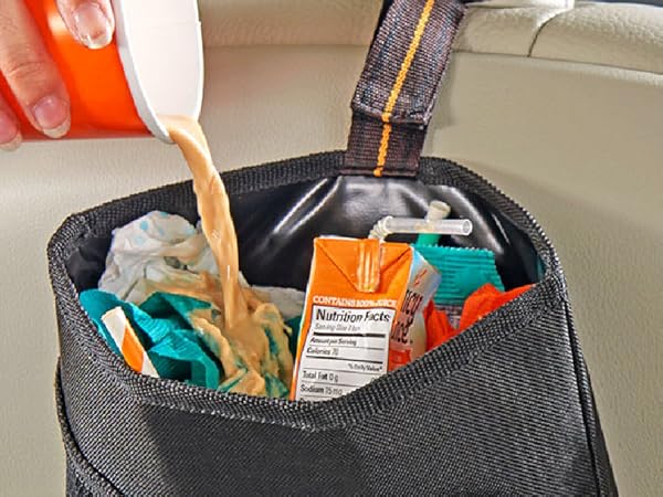 black high road car trash bag on the seatback