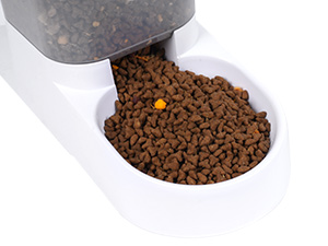 Brown, dry pet food kibbles being poured from a container onto a white surface. One yellow kibble stands out among the brown pieces.