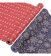 Two decorative gift wrap rolls: one red with reindeer pattern, one navy blue with snowflake design.