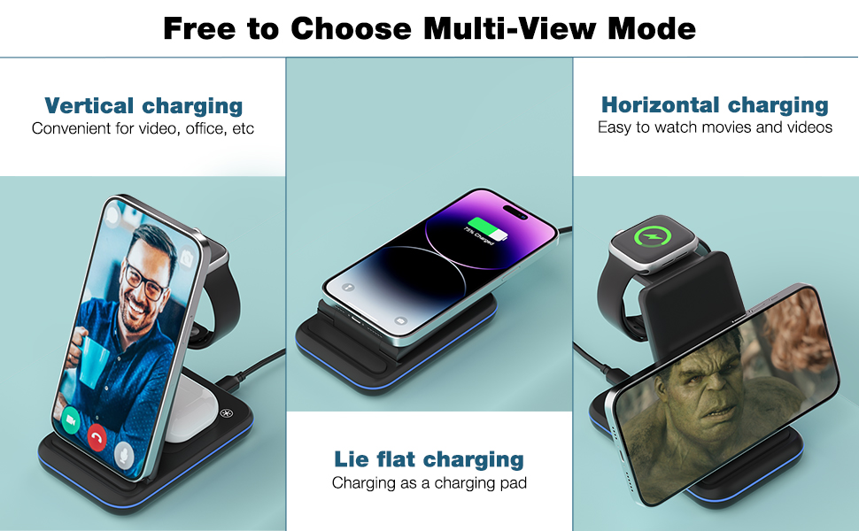 Foldable 3 in 1 Fast Charging Station Supports Phone in a Horizontal or Vertical Position Charging