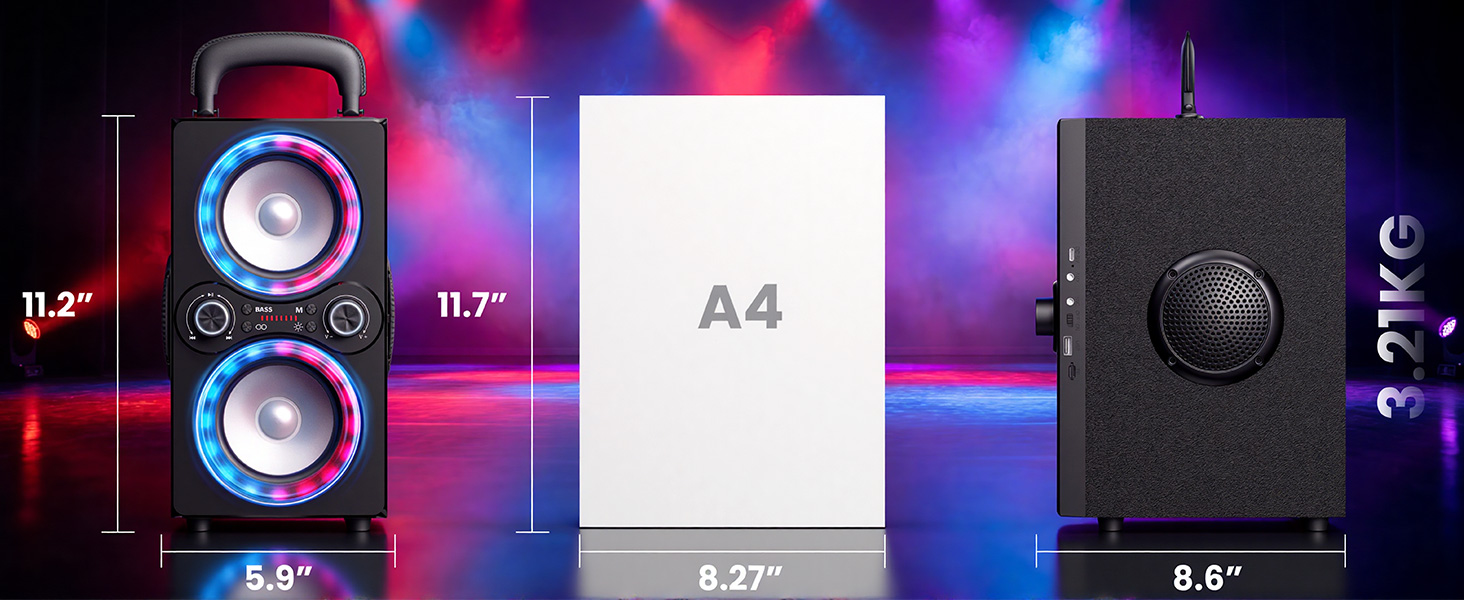 Neon speaker and grey backpack showing size and weight dimensions on a smoky, colorful stage.