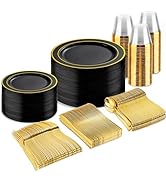 bUCLA 300PCS Black and Gold Disposable Dinnerware Set - 50 Guests Black Plastic Plates with Gold ...