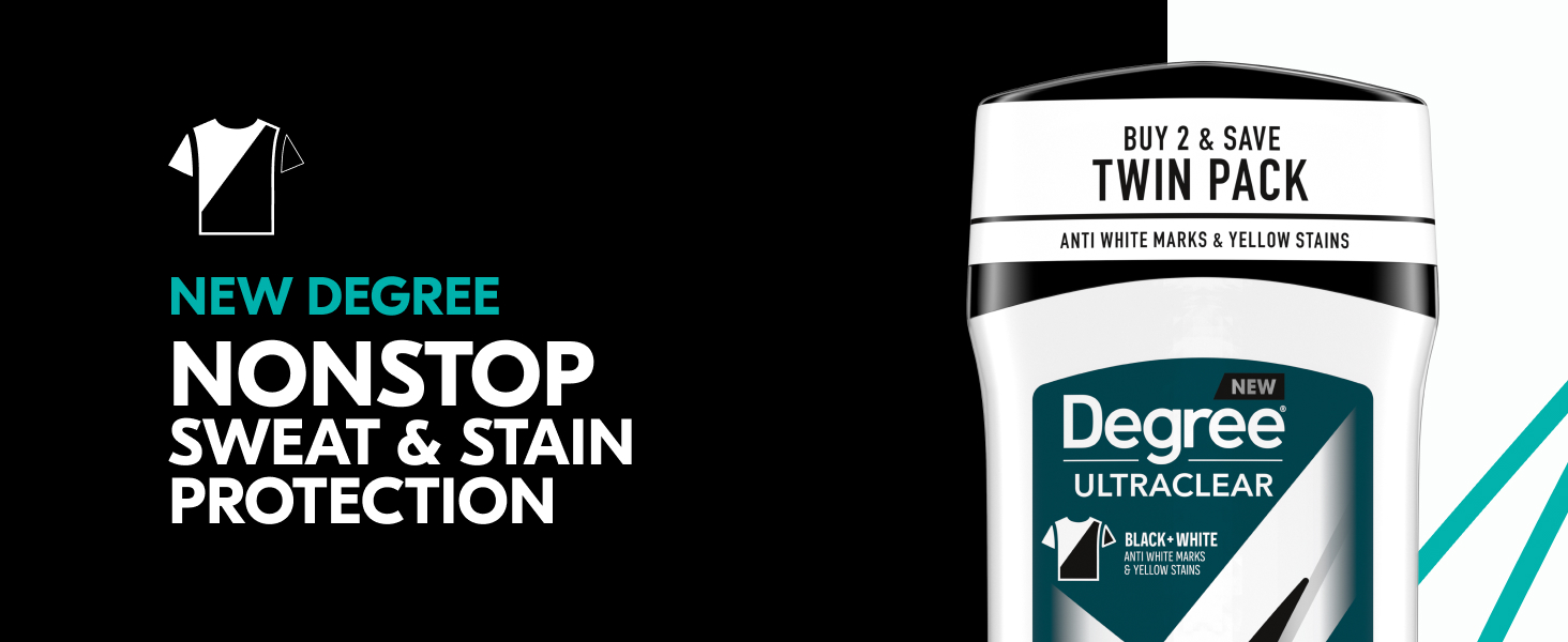 Top half of stick deodorant tube and New Degree text against a white and dark background