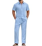 COOFANDY Mens 2 Piece Sets Summer Outfits Short Sleeve Button Down Shirt Loose Pant Sets Beach Va...