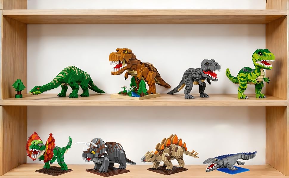 Safe non-toxic ABS dinosaur bricks for kids education and adult stress relief.