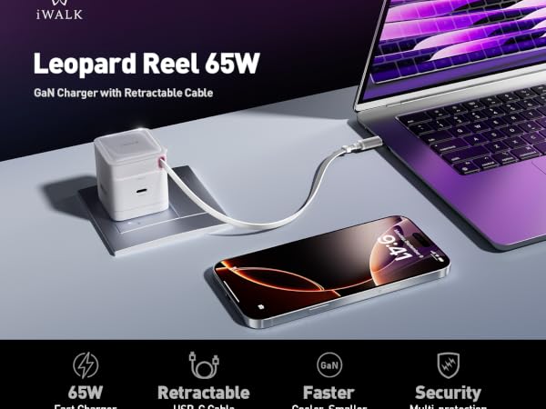 65W GaN Charger with Built-in Retractable USB-C Cable