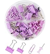 Creechwa Purple Binder Clips and Paper Clips Push Pins Tacks Sets, Total 72 PCS Assorted Sizes Of...