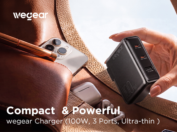 wegear 100W USB C Charger Block, 3-Port Foldable Slim GaN Wall Charger, Fast Laptop Charger