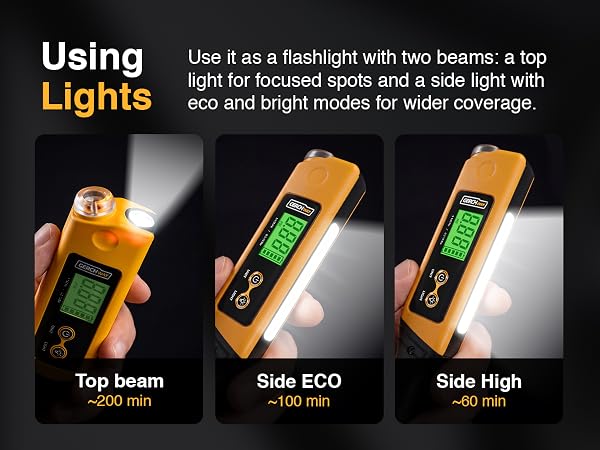 Dual Lights, 3 types, Top beam, Side Light, Magnetic Lights, Working Lights