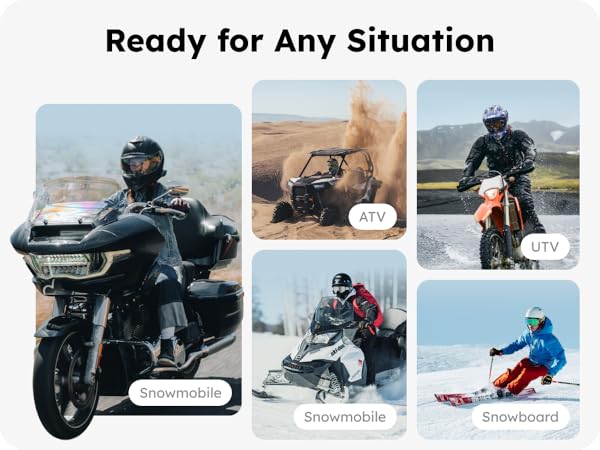 Text reads 'Ready for Any Situation'. Collection of outdoor activity photos showing various weather conditions and activities, including motorcycling and winter sports.