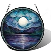 DASTOLL Stained Glass Window Hanging, Blue Night Moon Lake Sun Catchers Colorful Glass Panel Land...