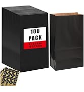 Bakepacker 100 Pcs Black Treat Paper Bags with 100 Stickers 5.1"x3.1"x9.4" Kraft Small Party Gift...