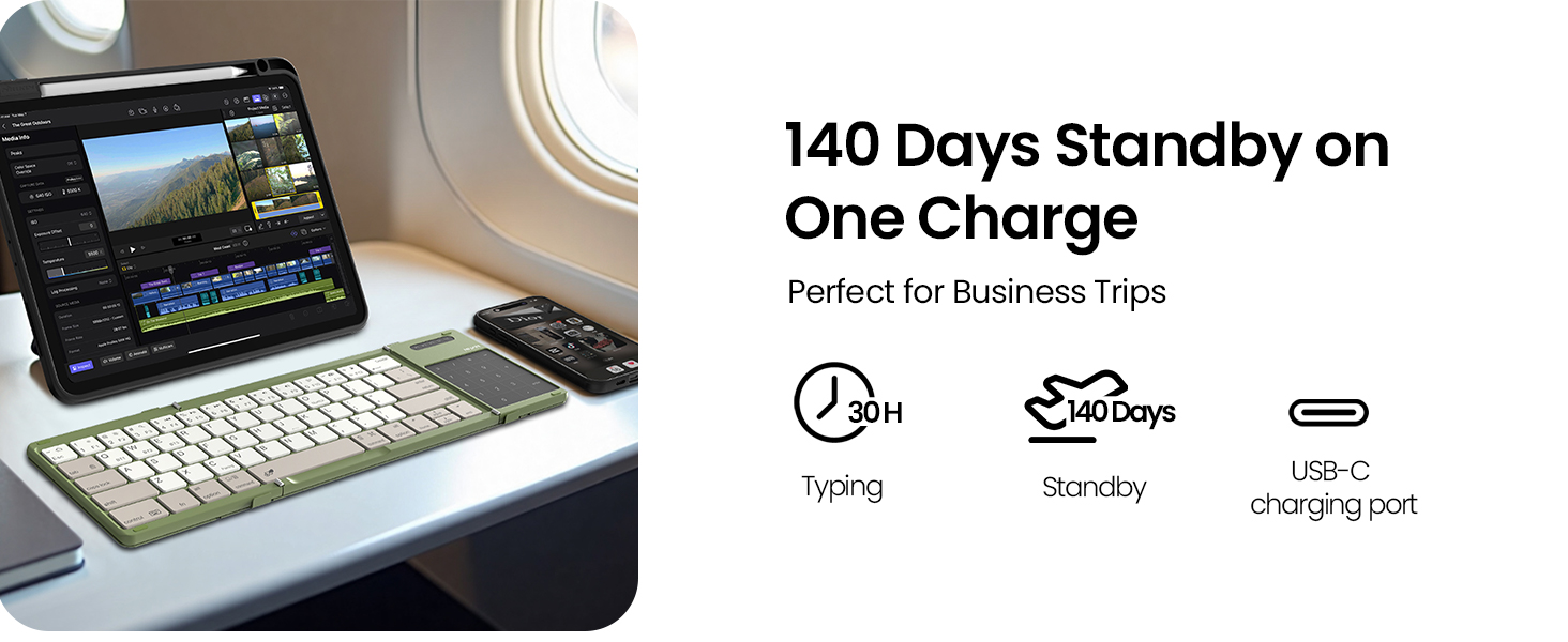 One charge lasts 140 days standby or 30 hours of typing perfect for business trips and flights