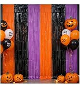 2 Pack Halloween Backdrop Orange Black Purple Foil Fringe Curtains. | 3.3 FT x 6.6 FT Tinsel Part...