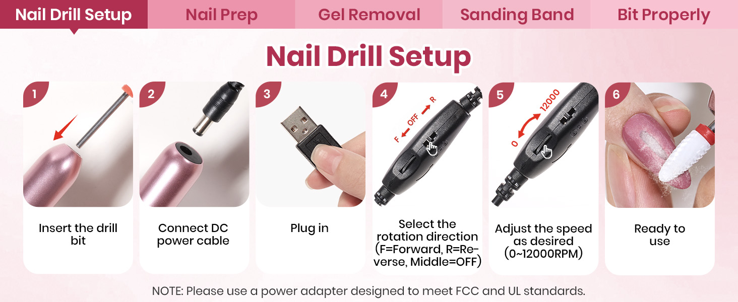 Electric Nail Drill Kit, 7 Drill Bits Portable Electric Nail File Machine for Gel Polish Removal