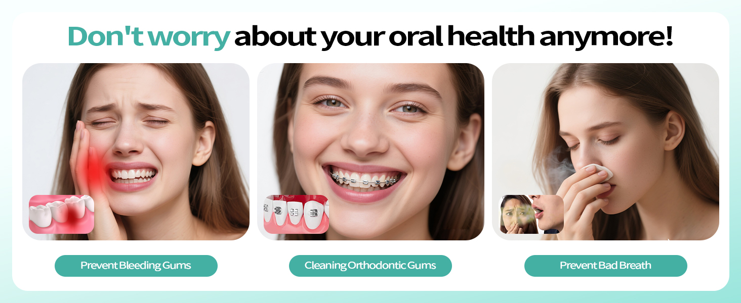 Dental health infographic with three panels showing oral issues: bleeding gums, orthodontic braces, and a person covering their mouth. Text reads 'Don't worry about your oral health anymore!'