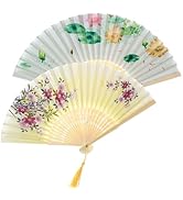 Salutto Hand Fan Bamboo Printed Pattern Folding Fan For Party Wedding Gift With tassel 2 pack gro...