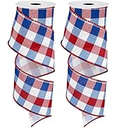 Whaline 2 Rolls 4th of July Wired Edge Ribbons Patriotic Buffalo Check Plaid Ribbon 2.5 Inch Farm...