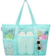 Tagitary Mesh Beach Bag with Zipper, Blue Large Beach Tote Waterproof Sandproof with 8 Pockets fo...