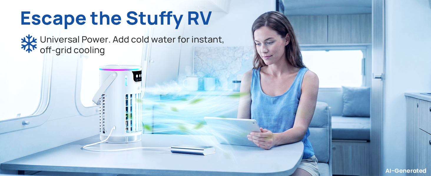 quiet portable air conditioners for RVs delivering instant off-grid cooling with cold water.