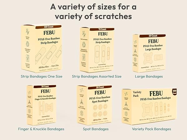 FEBU all natural bamboo bandages. Multiple sizes for all cuts and scrapes