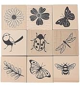 UCEC 9 Pack Vintage Wood Rubber Stamps for Crafting, Flower Butterfly Plant Bird Ladybird Dragonf...