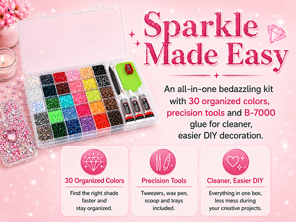 30-color bedazzling kit with flatback rhinestones, B7000 glue, tools and organized trays
