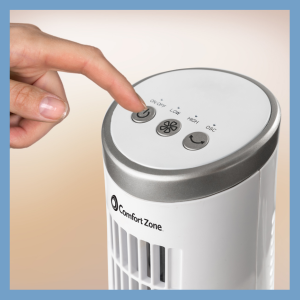 comfort zone tower fan has intuitive touch controls for ease of use