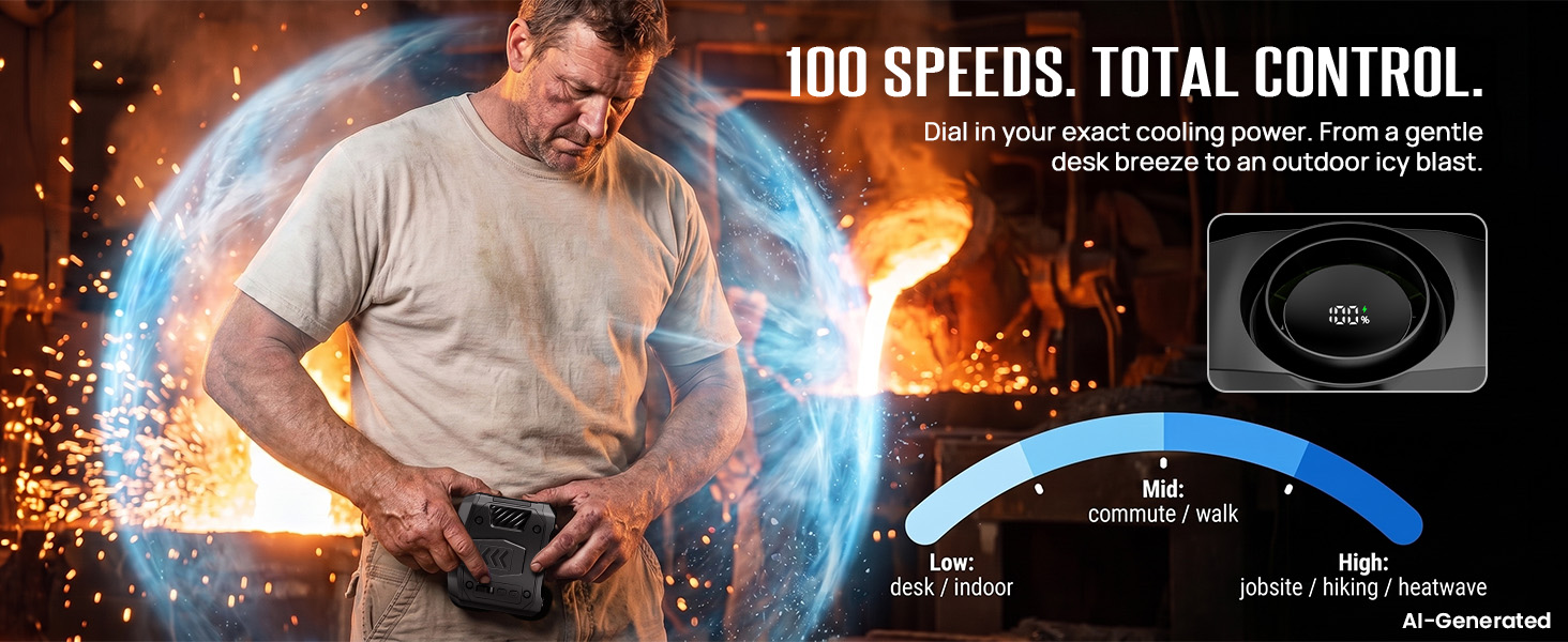100-speed portable belt fan lets users adjust cooling from desk breeze to outdoor blast