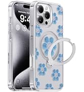 CASEKOO Blue Flowers for iPhone 16 Pro Case with 360° Spin Magnetic Ring Stand [Compatible with M...
