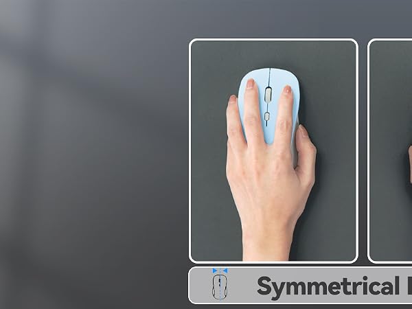 Wireless computer mouse with symmetrical design shown in two use positions. Features a light color scheme with blue accents and appears ergonomically shaped for comfortable use.