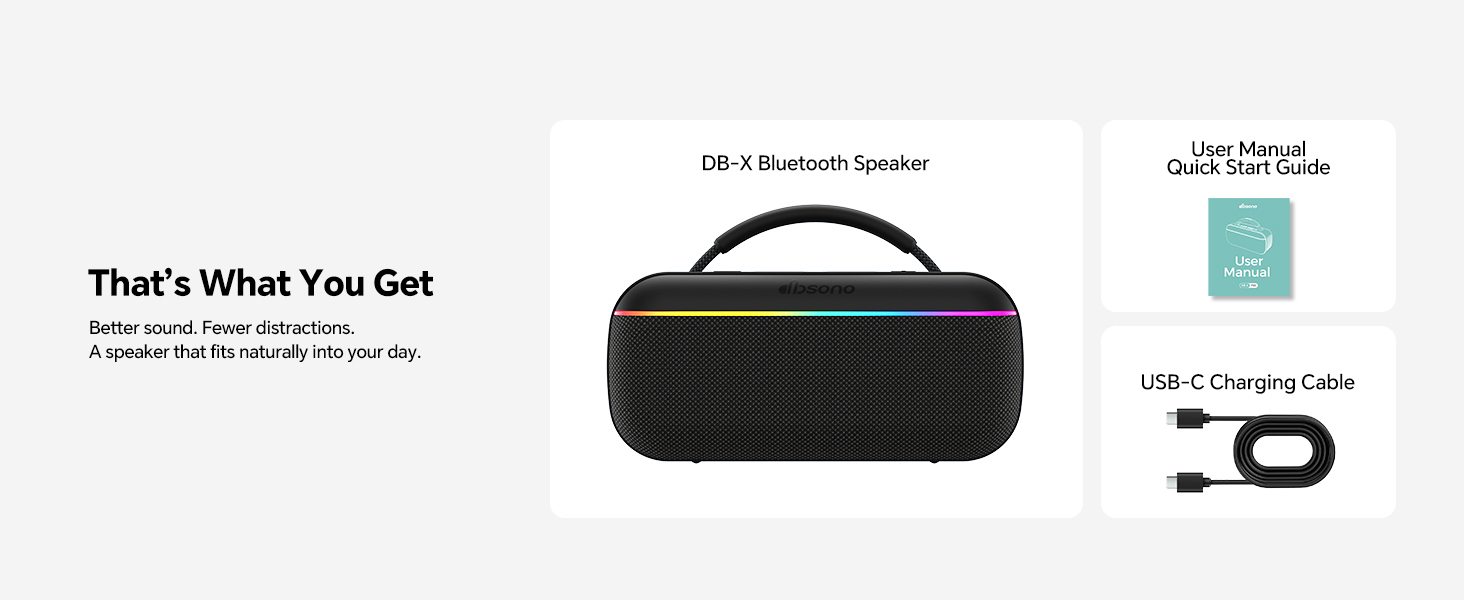 Bluetooth Speaker, Power Cable, Quick Start Guide