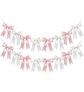 2 Strings Pink White Bow Garland Banner Decorations, Pre-Strung Satin Ribbon Bows for Birthday, B...