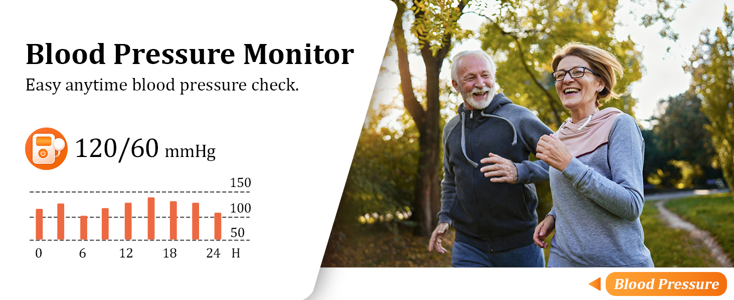 Text reads 'Blood Pressure Monitor', 'Easi anyone blood pressure check', '120/60 mmHg'. Digital blood pressure monitor display with bar chart showing readings. Two smiling women outdoors.