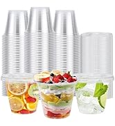 BYSNOW 100 Pack 9 oz Clear Plastic Cups With Flat Lids No Hole, Disposable Dessert Cups with Lids...