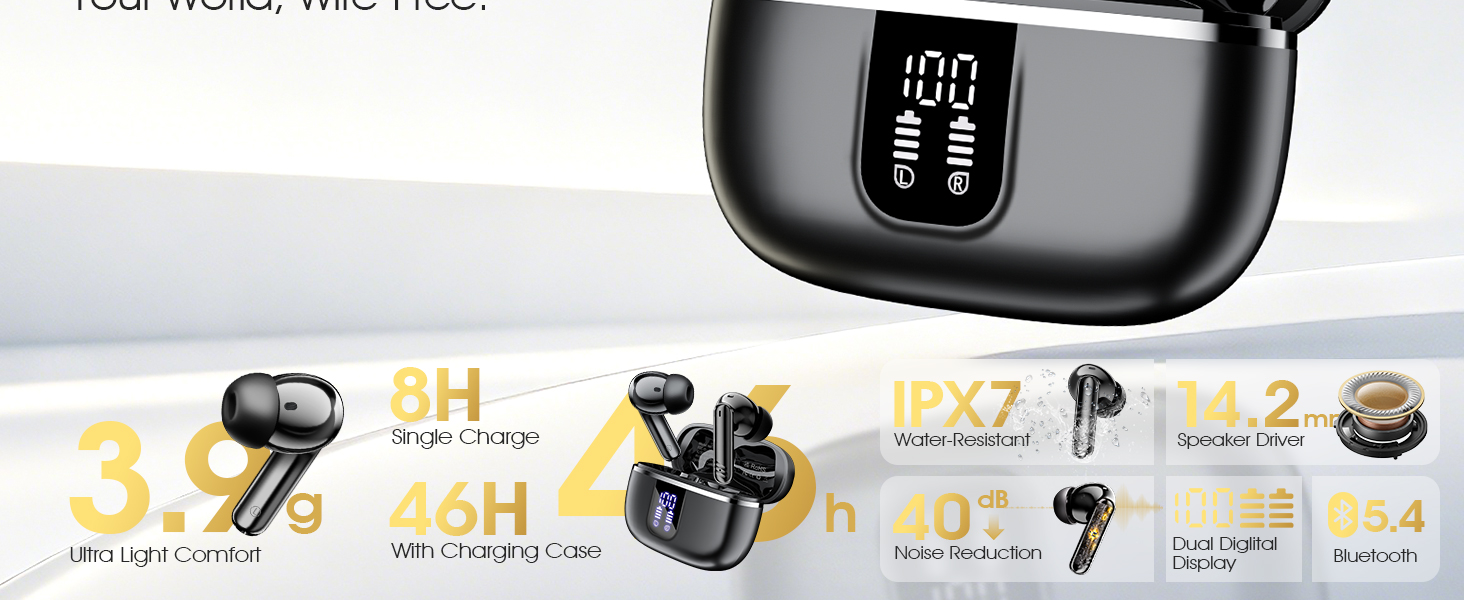 Premium wireless earbuds with ENC, Bluetooth 5.4, and long 46H battery life.
