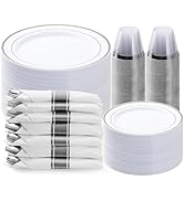 BESTVIP 350PCS Silver Plastic Dinnerware Set, Disposable Party Plates for 50 Guests, Include: 100...